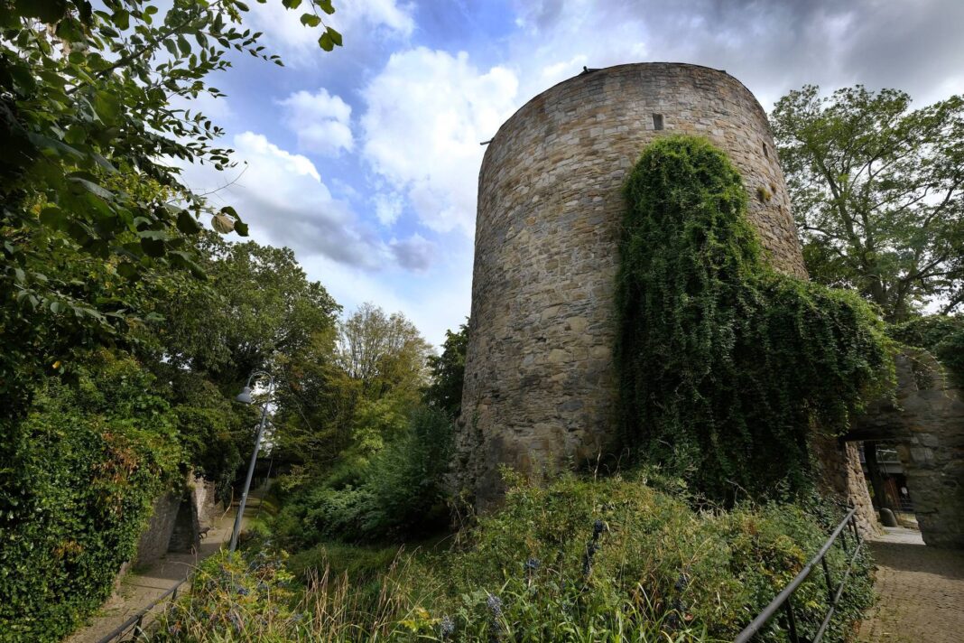 Ein alter, mit Efeu bewachsener Steinturm steht malerisch in einer grünen Parkanlage unter einem freundlichen, leicht bewölkten Sommerhimmel.