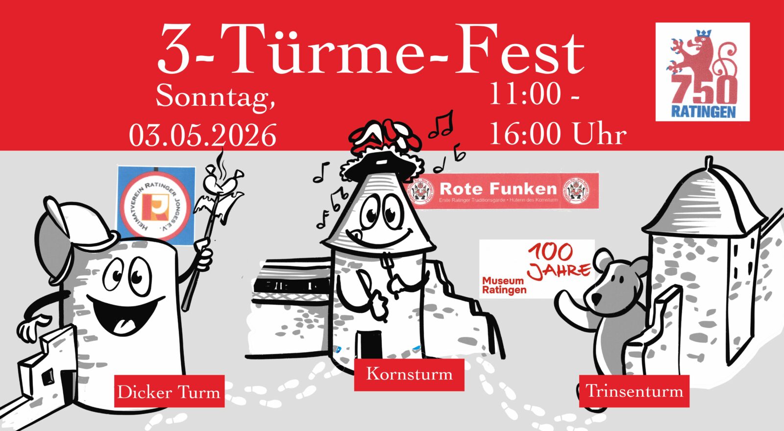 Einladendes Plakat zum 3-Türme-Fest in Ratingen am 03.05.2026 mit fröhlichen Turm-Maskottchen, die den Dicken Turm, Kornsturm und Trinsenturm zeigen.