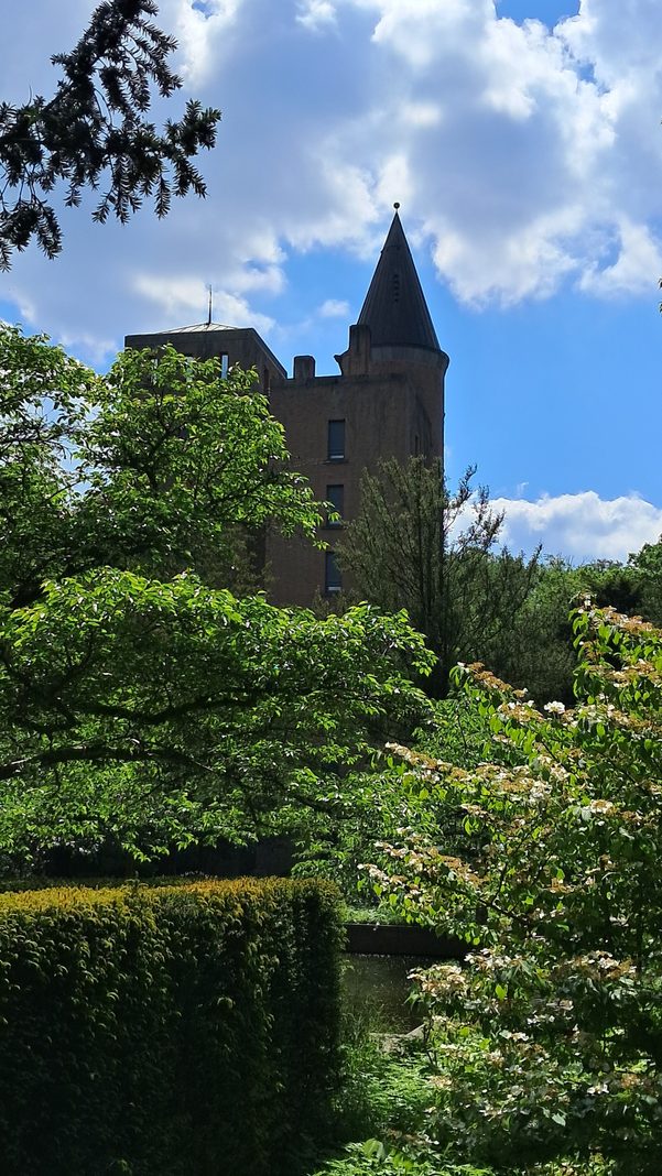 Ein malerisches altes Schloss mit spitzem Turm ragt hinter üppigen grünen Bäumen und blühenden Sträuchern unter einem strahlend blauen Sommerhimmel hervor.