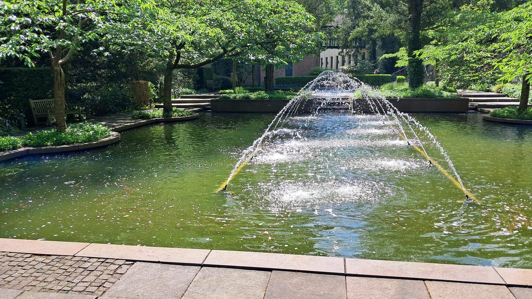 Ein friedlicher Park mit einem sprudelnden Springbrunnen in einem Teich, umgeben von üppigem Grün, Bäumen und einer einladenden Sitzbank am Ufer.