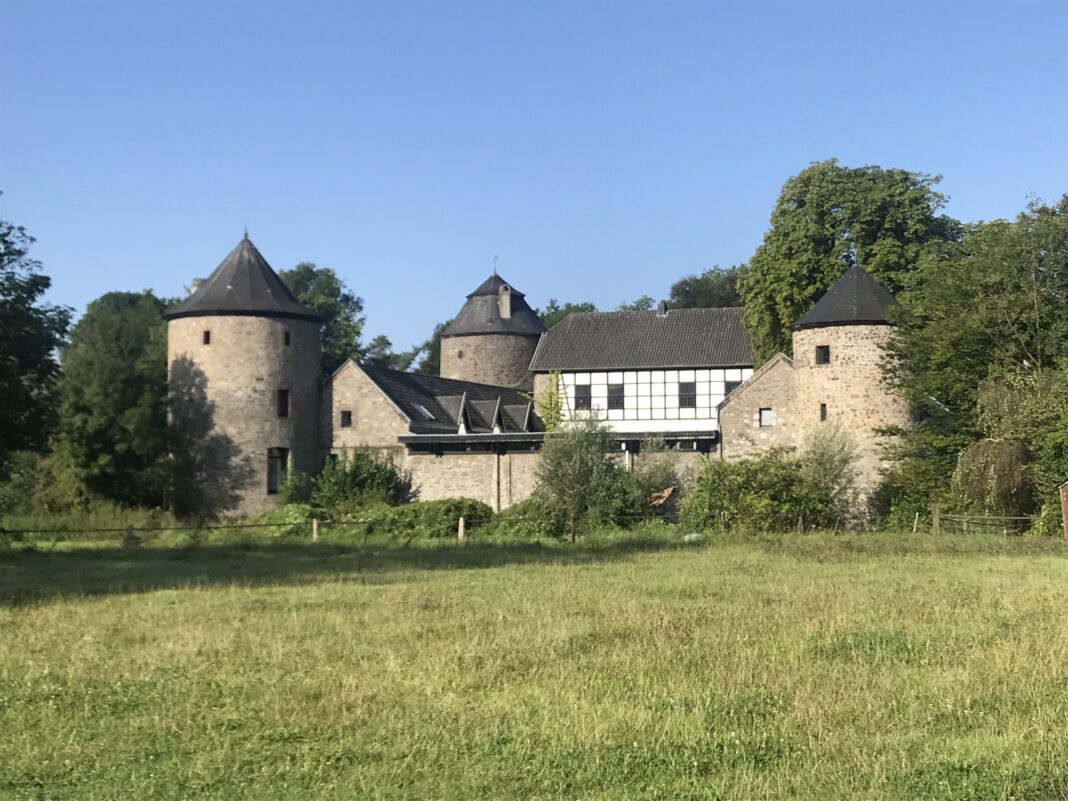Eine wunderschöne alte Wasserburg mit runden Türmen und Fachwerkfassade liegt idyllisch hinter einer grünen Wiese unter einem strahlend blauen Himmel.