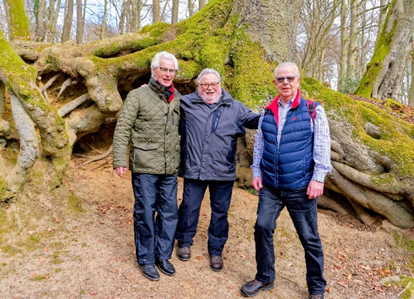 Drei freundliche Männer stehen gemeinsam vor einem großen, moosbewachsenen Baumstamm mit freiliegenden Wurzeln in einem herbstlichen Waldgebiet.